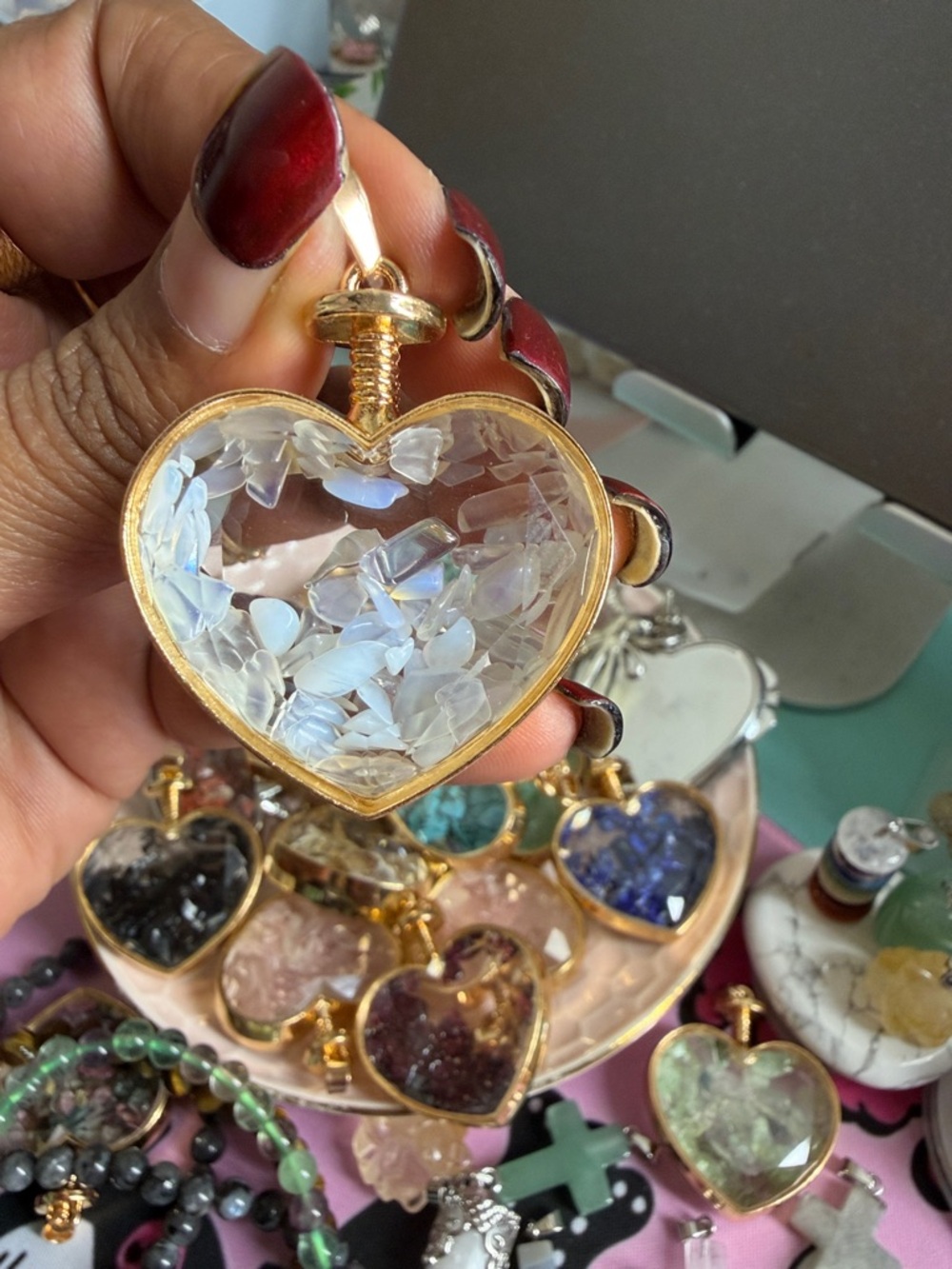 Opal Gold Heart Pendant Necklace with Opalescent Chips - Women Jewelry